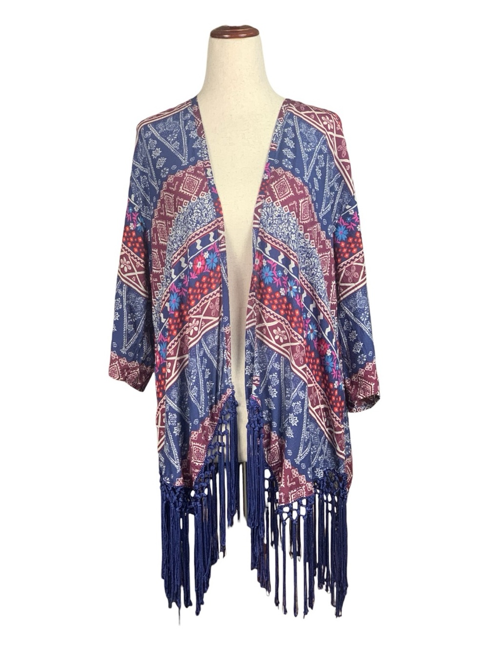 Holister Boho Fringe Patterned Open Front Kimono Cardigan Duster Hippie Small